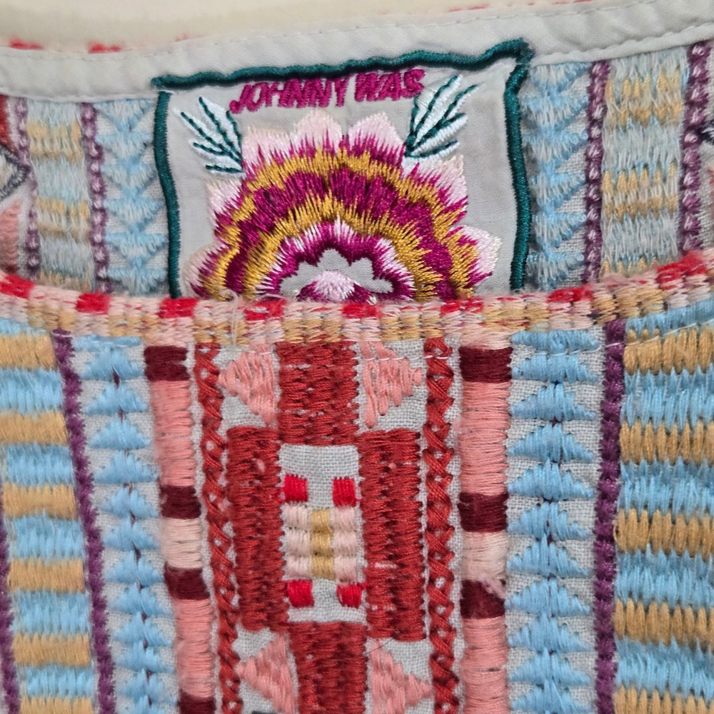 Johnny Was Linen Embroidered Shift Dress M J35419-3 Boho Festival Aztec Tribal - Picture 5 of 10